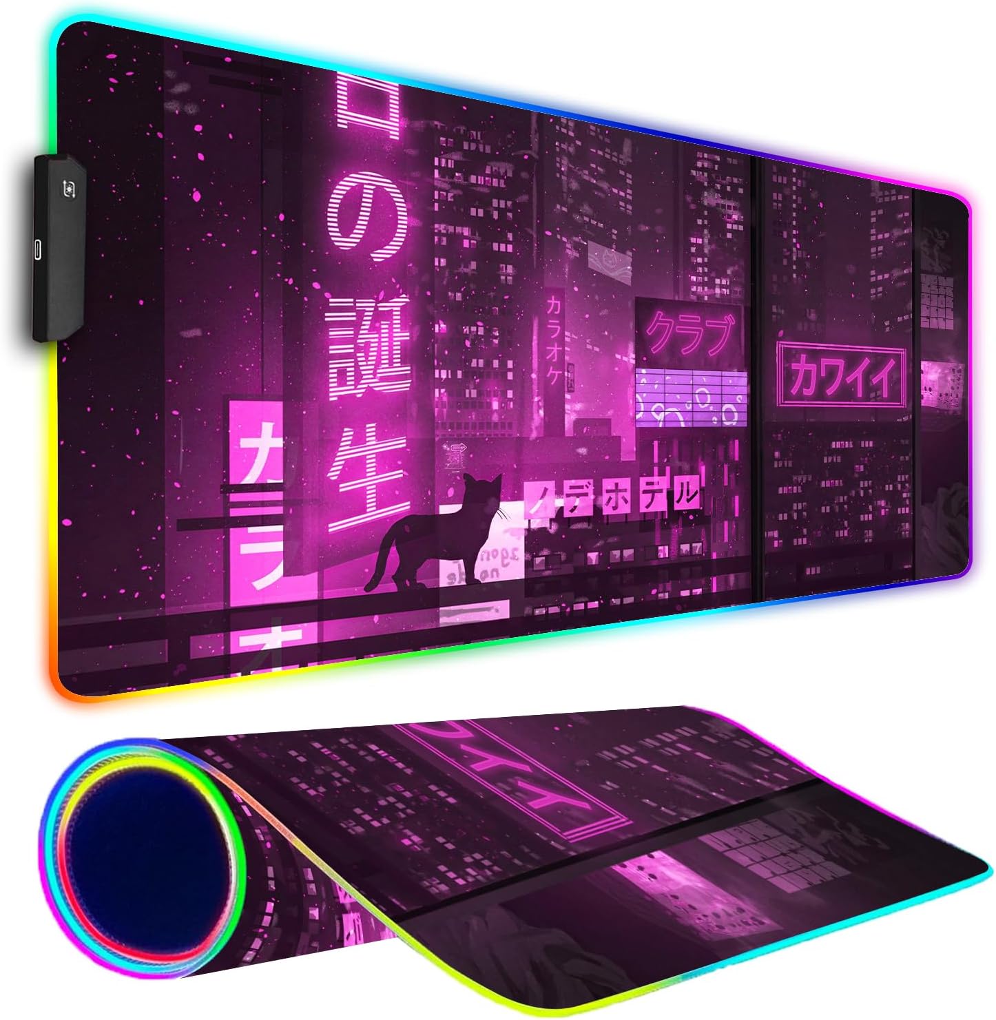 RGB Gaming Mouse Pad, Large Mousepad with Led Light, Gaming Accessories Keyboard Pad for Desk, Non-Slip Rubber Base Big Mouse Mat for Gamer, 31.5 X 11.8 Inch, Purple Anime