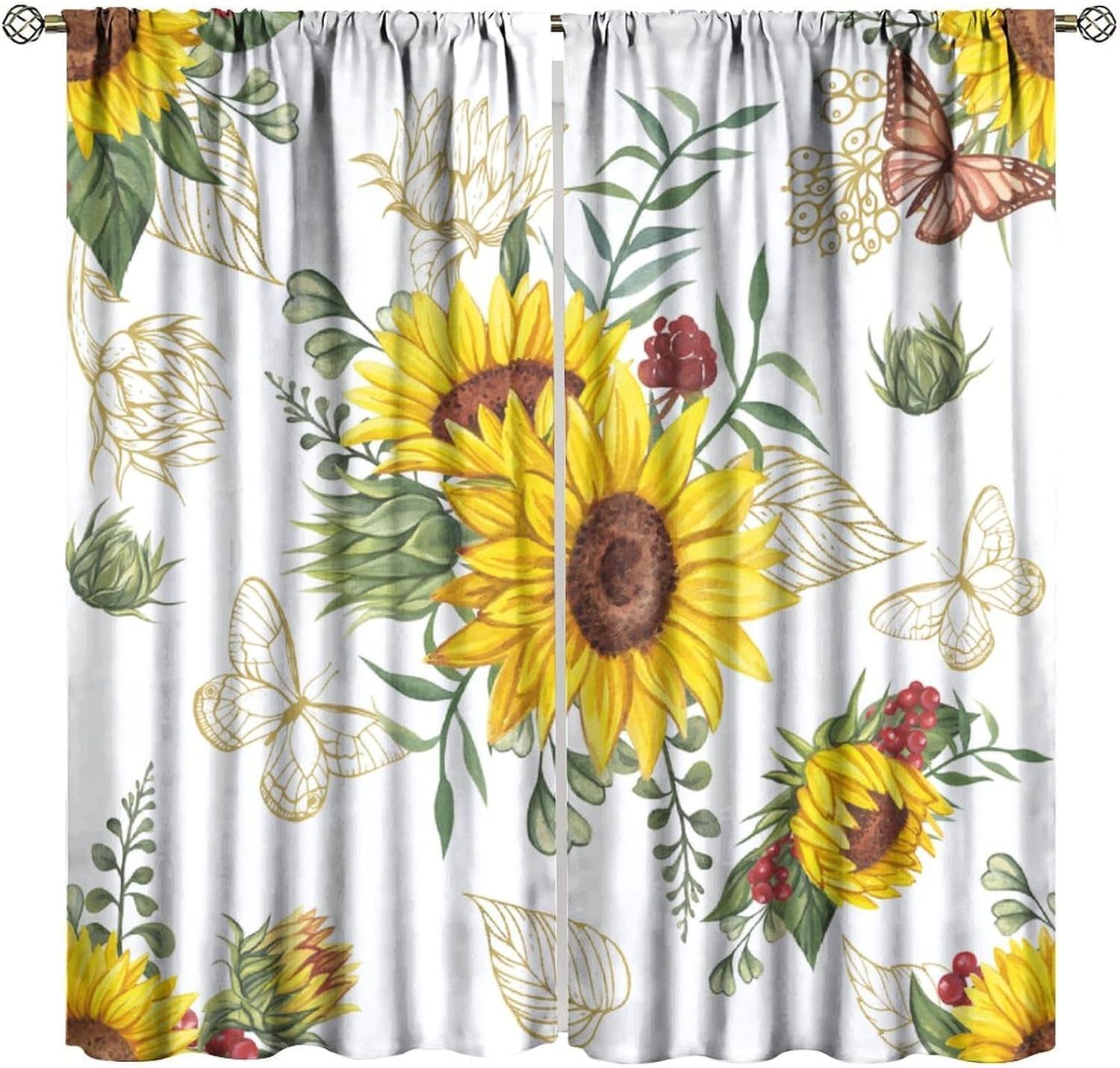 Sunflower Curtains Butterfly Natural Farmhouse Floral Blackout Print Rod Pocket Window Drapes for Bedroom Living Room 42x45in