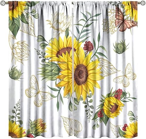 Cortinas opacas de girasol, diseño natural, de granja, floral, con bolsillo para barra, para ventana, para dormitorio, sala de estar, 42 x 45