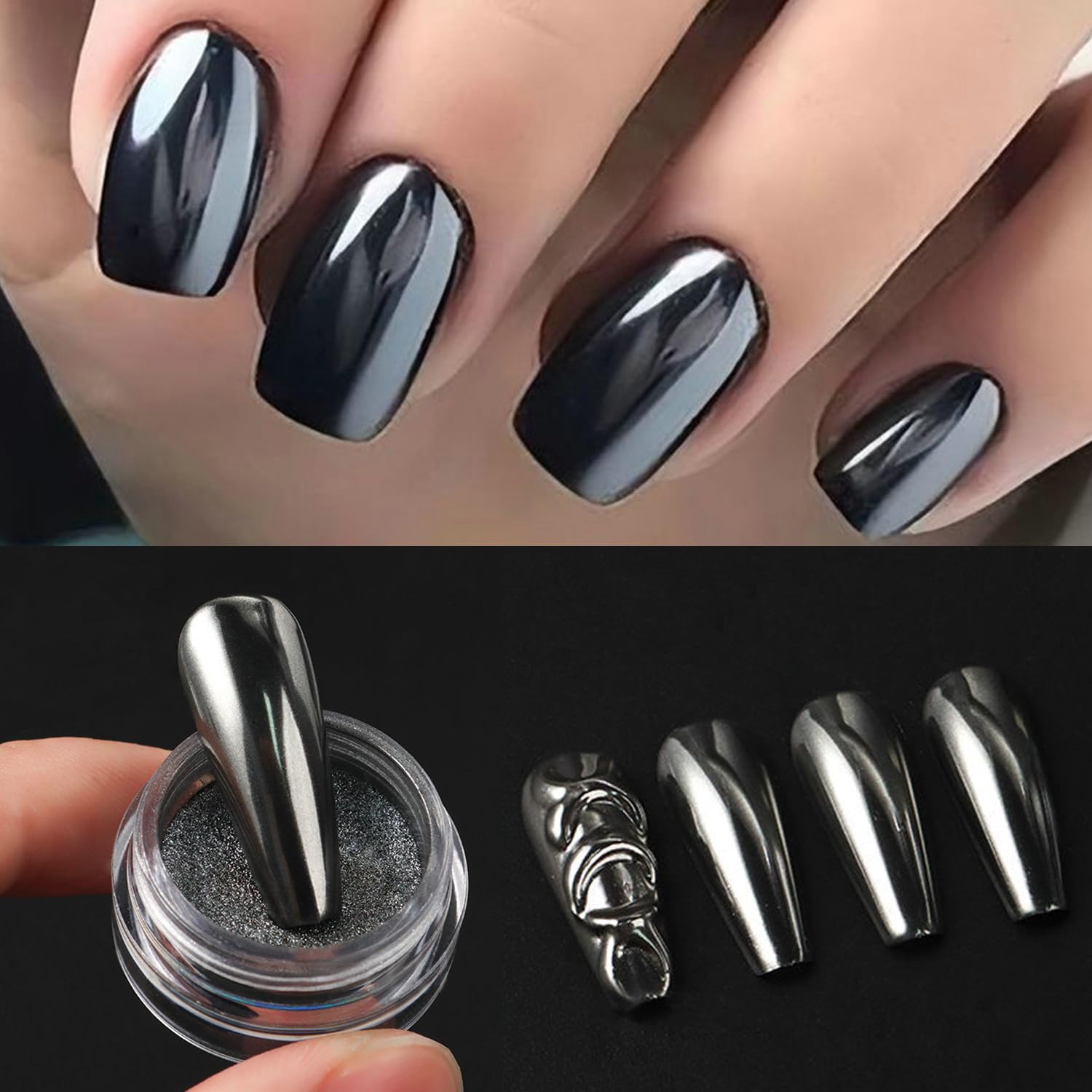 Amazon.com: Black Clear Chrome Nail Powder Kit 0.7g Transparent
