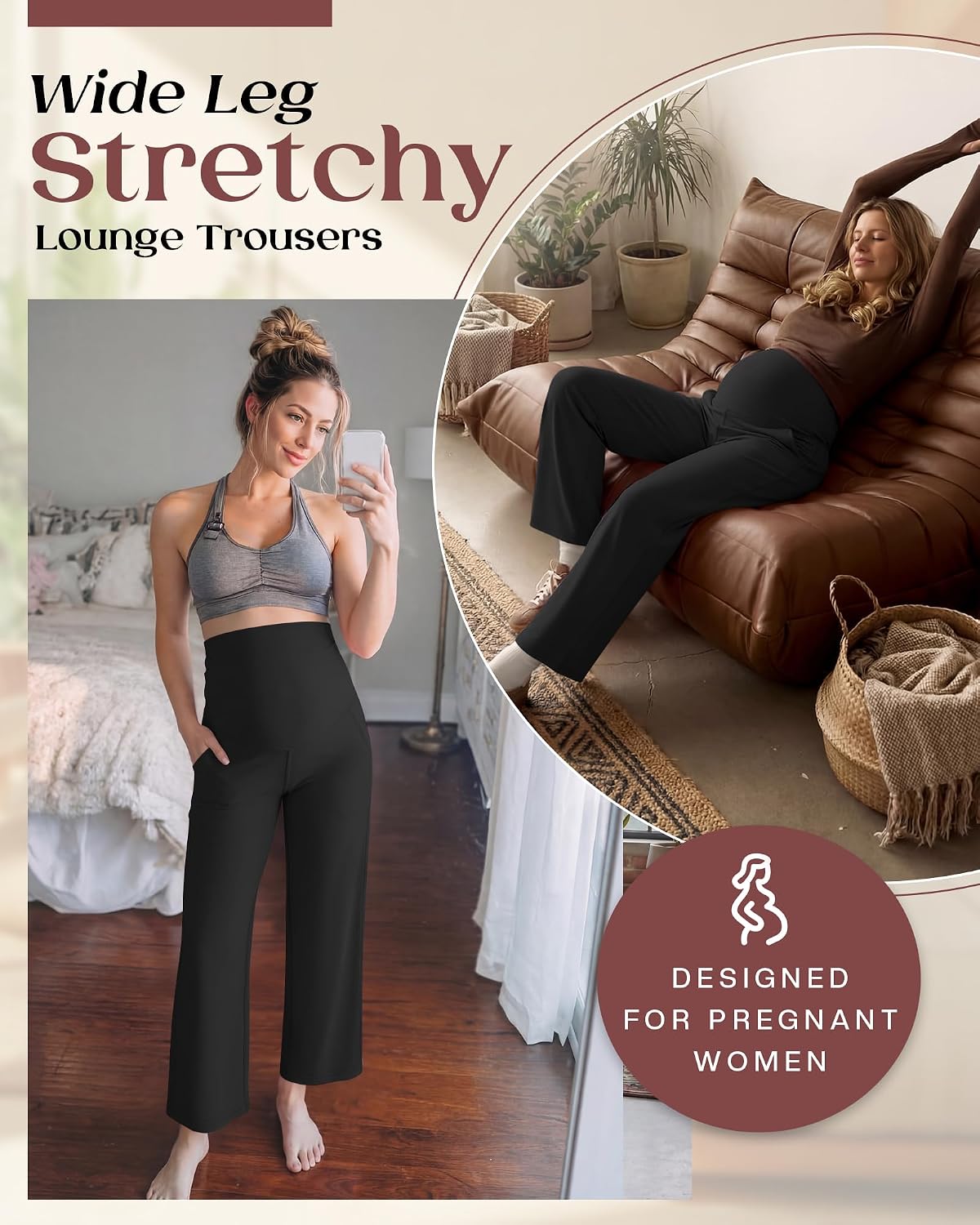 3 Pack Women's Maternity Yoga Pants Lightweight Over The Belly Pregnancy Pants Wide Leg Stretchy Lounge Trousers