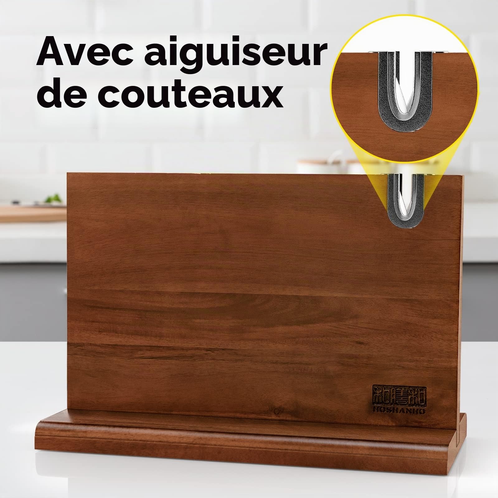 HOSHANHO Bloc à Couteaux Magnétique 35,5 x 25,4 cm - Porte Couteaux Aimanté Double Face Porte-couteaux Magnétique en Acacia Bloc Couteau de Cuisine