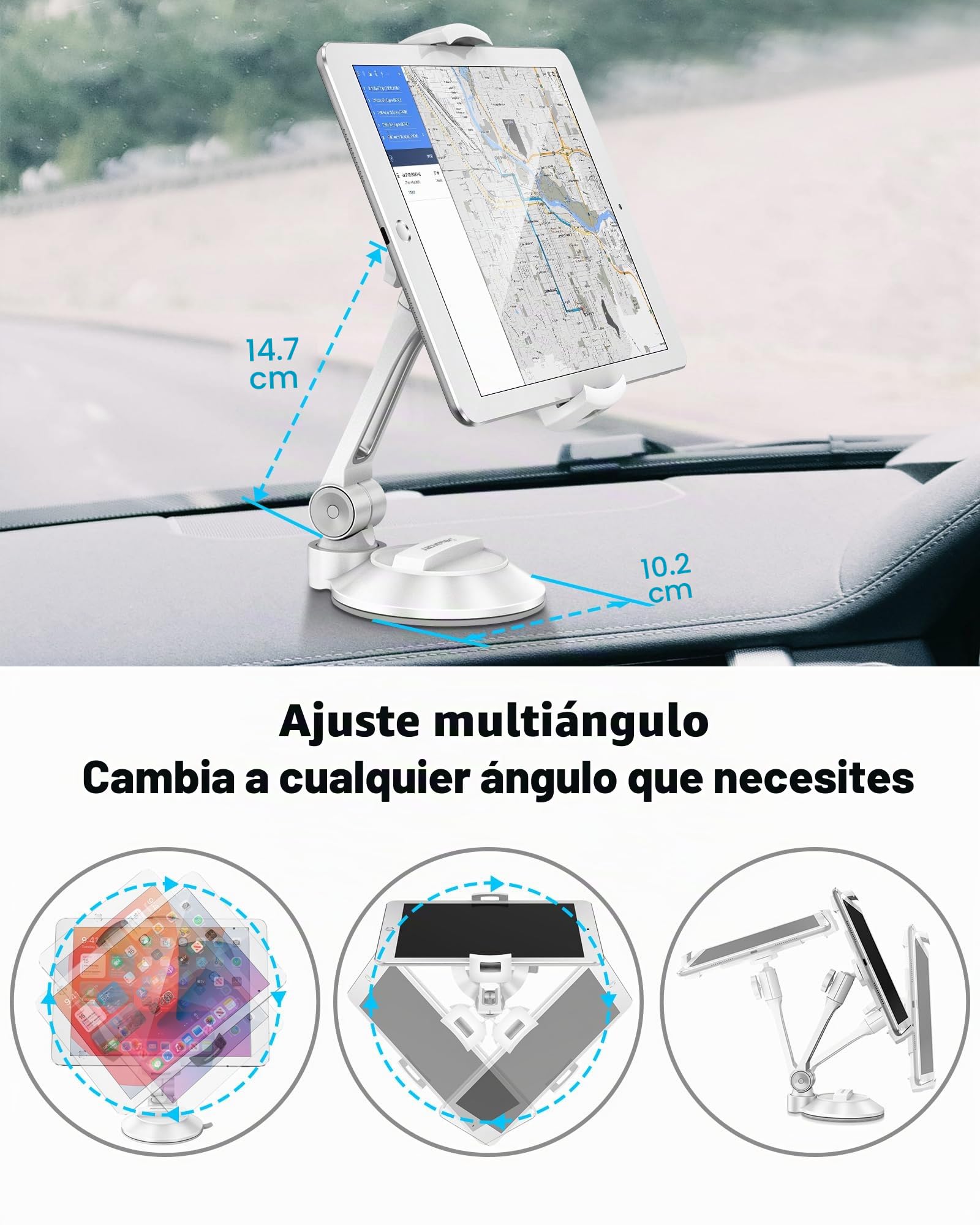 AboveTEK - Soporte con Ventosa para iPad, Plegable para Coche, para Tablet de 4 a 11 Pulgadas, Ideal para Parabrisas, Cama, Cocina y Oficina (Blanco)