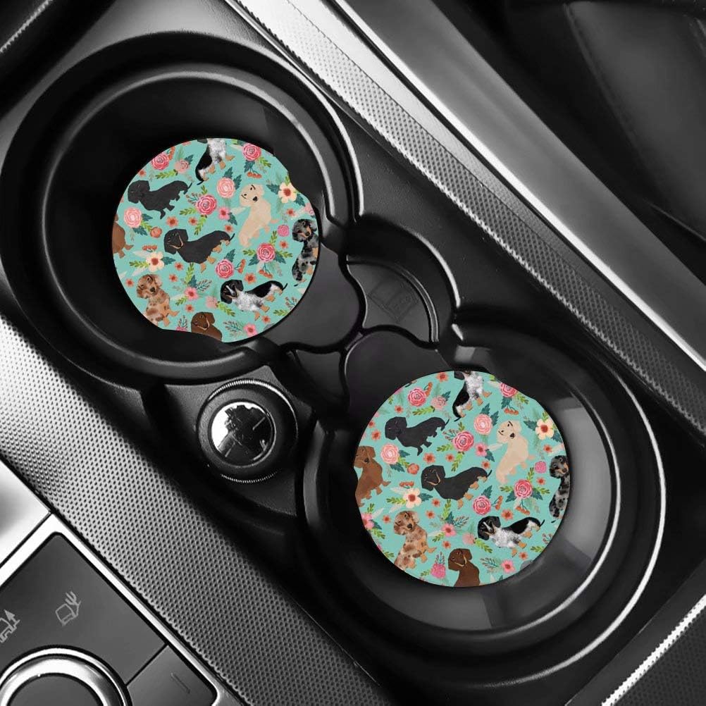 PensuraPensura Car Coasters Pack of 2 Cute Dachshund Floral Print Absorbent Coaster Set for Women Men Drink Cup Holders Universal Fit Women Gifts