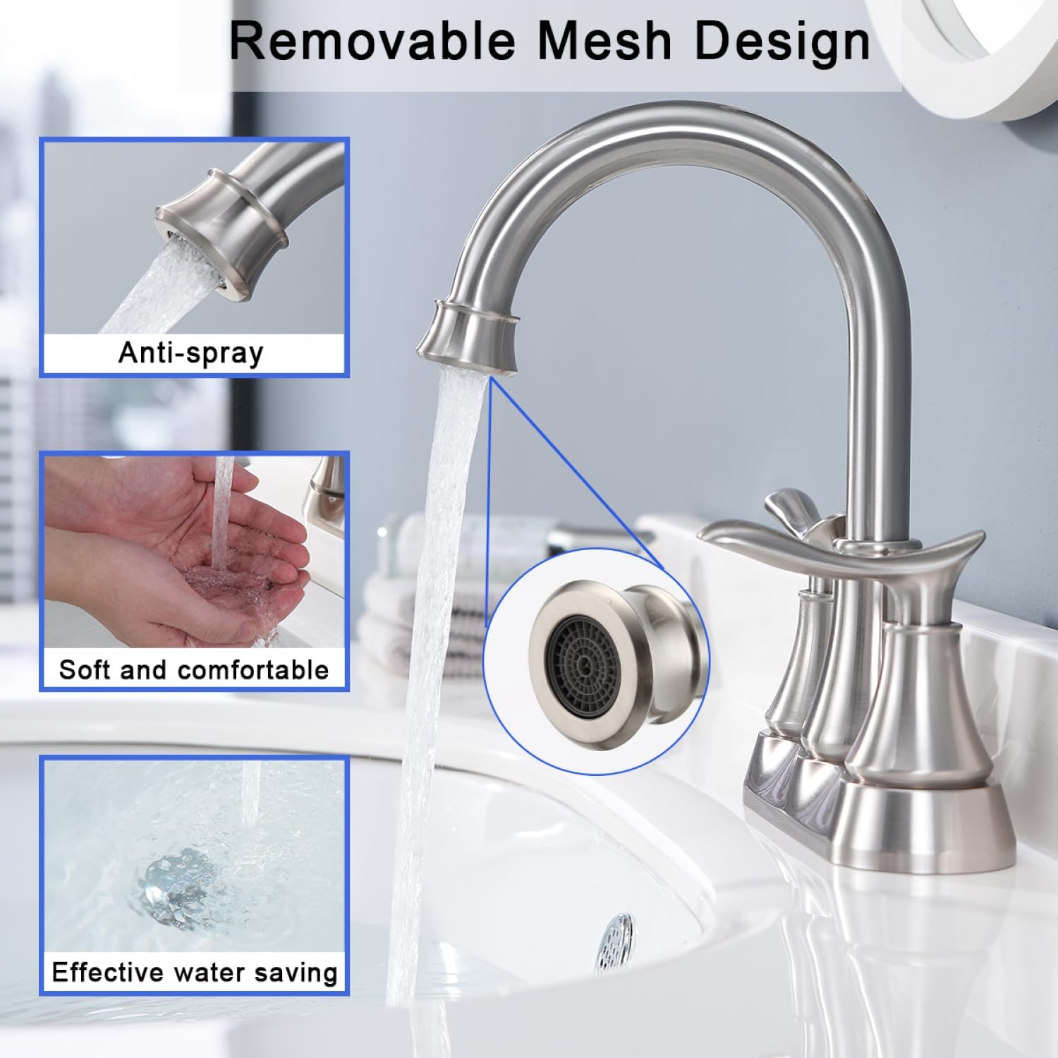 2-Handle 4-Inch Brushed Nickel Bathroom Faucet - Metal Brushed Nickel - Dense Water Flow Faucet - Suitable for Rental Houses, Condos, Motor Homes -