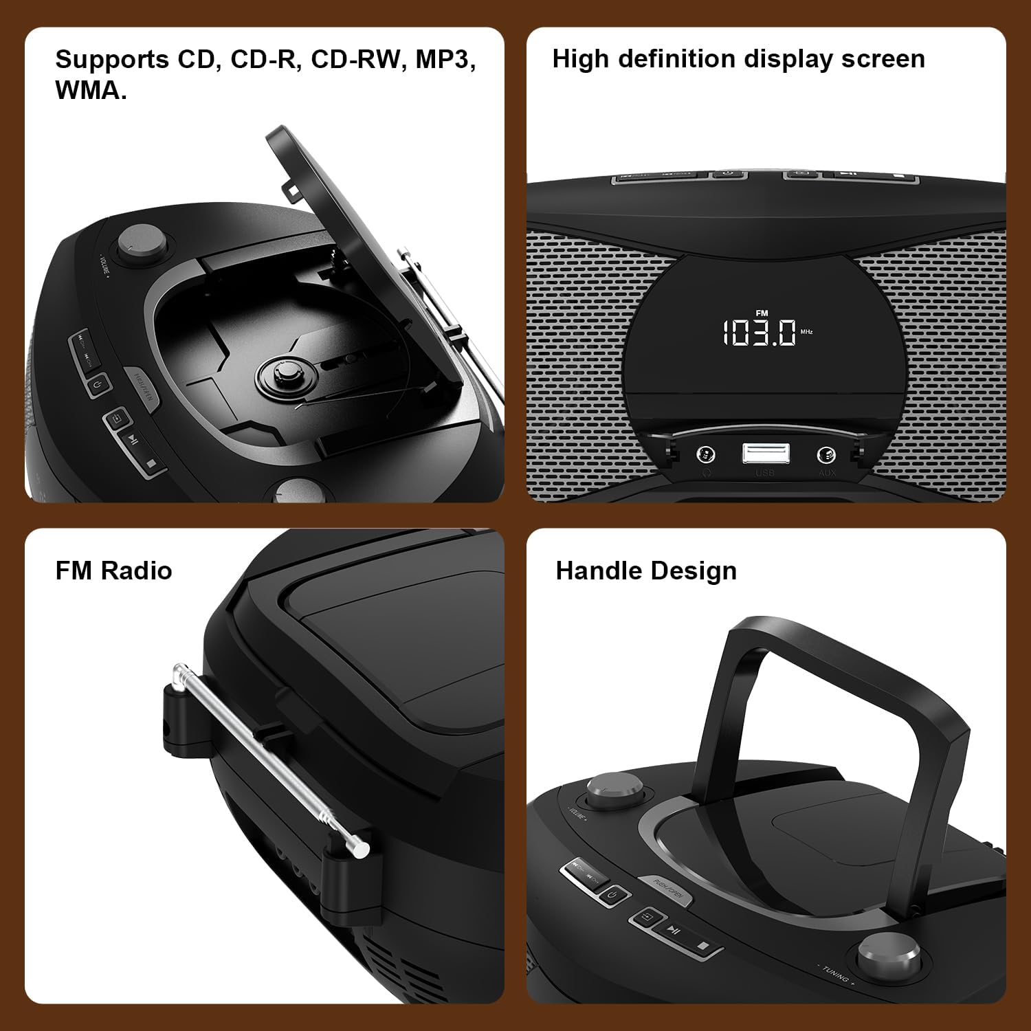Four panel image showing CD compartment, LCD display, FM antenna, and handle design