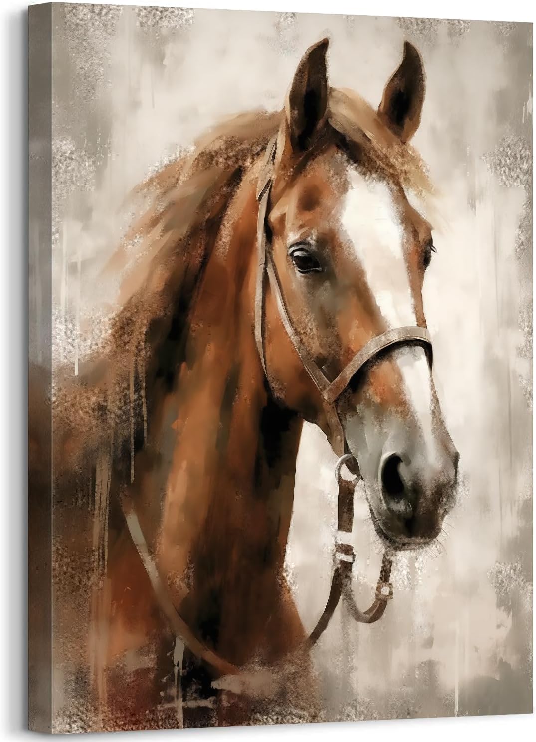 Horse Wall Art Horse Portrait Painting Print on Canvas Wall Decor Farmhouse Animal Wildlife Brown Horse Modern Artwork for Bedroom Living Room Office Decor Framed