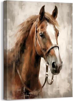 Horse Wall Art Horse Portrait Painting Print on Canvas Wall Decor Farmhouse Animal Wildlife Brown Horse Modern Artwork for Bedroom Living Room Office Decor Framed