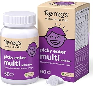 Renzo's Picky Eater Kids Multivitamin with Iron, Dissolving Kids Vitamins with Vitamin D3 and K2 and More, 60 Sugar-Free Melty Tabs, Lil’ Green Apple Flavored