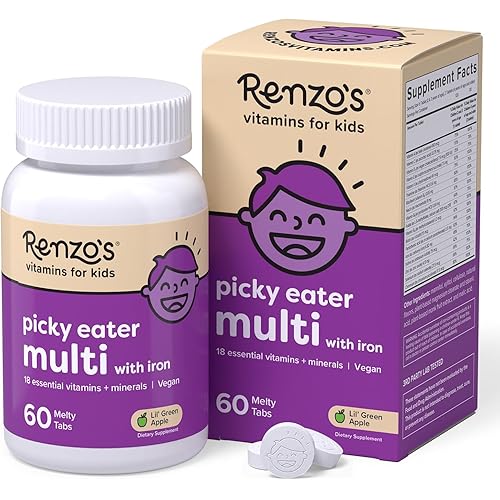 Renzo's Picky Eater Kids Multivitamin with Iron, Dissolving Kids Vitamins with Vitamin D3 and K2 and More, 60 Sugar-Free Melty Tabs, Lil’ Green Apple Flavored