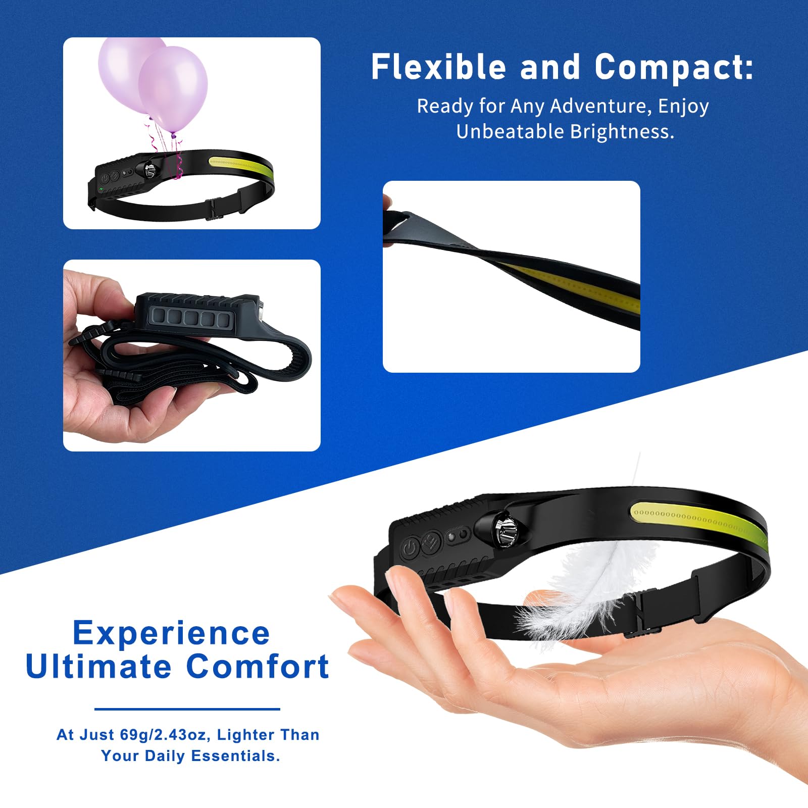 Linterna frontal recargable (paquete de 2), linterna LED para la cabeza, luz de haz ancho de 230°, 400 lúmenes, súper brillante, faro impermeable, sensor de movimiento, 5 modos para correr, pescar,