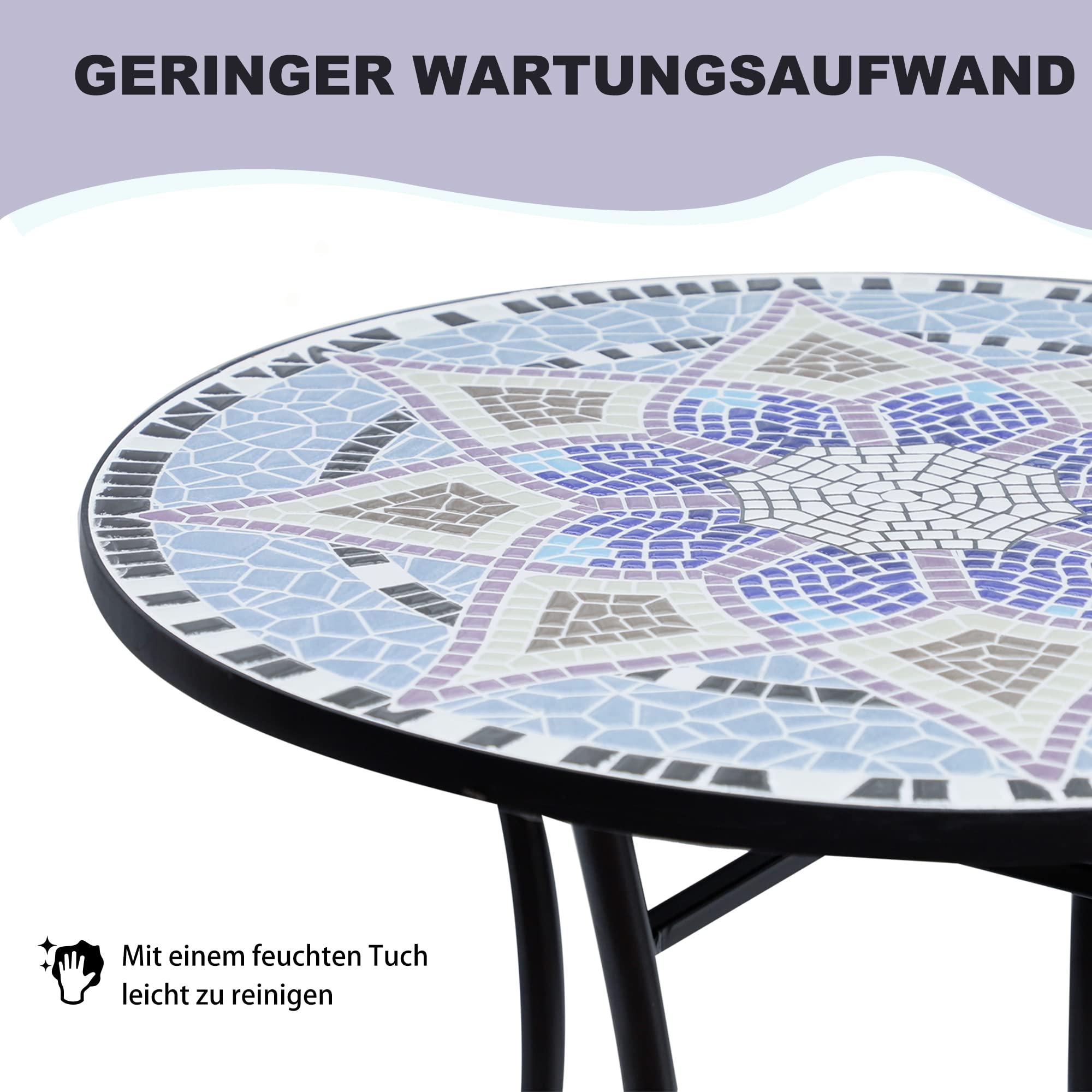 Outsunny Gartentisch Mosaiktisch Balkontisch Beistelltisch Seviertisch rund Stahl + Keramik Blau + Weiß Ø60 x H71 cm