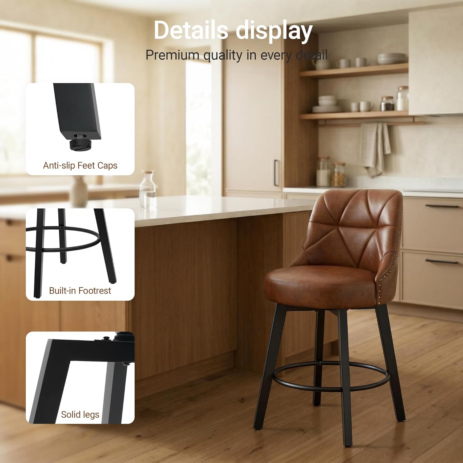 Polarisys Bar Stools with Back Set of 2, Stools for Kitchen Counter Height 35-42" Counter Height Bar Stool Chairs, Wood Leg Bar Chairs with Footrest for Bar, Pubs, Restaurants(Brown-Faux Leather)