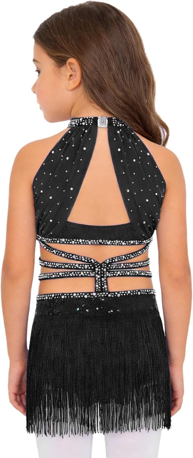 Hansber Kids Girls Sequins Tassels Cutout Jazz Samba Cha Cha Tango Modern Latin Dance Dress Competition Dancewear