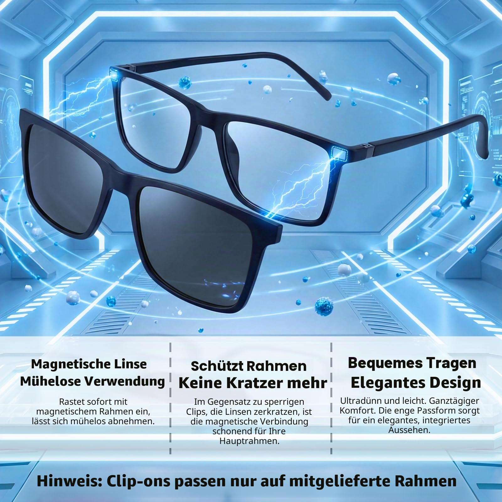 BAUHAUS Magnetische Sonnenbrille zum Anklippen für Damen und Herren, polarisiert, UV-Schutz, Retro, quadratische Brille, passend für Nachtfahrten