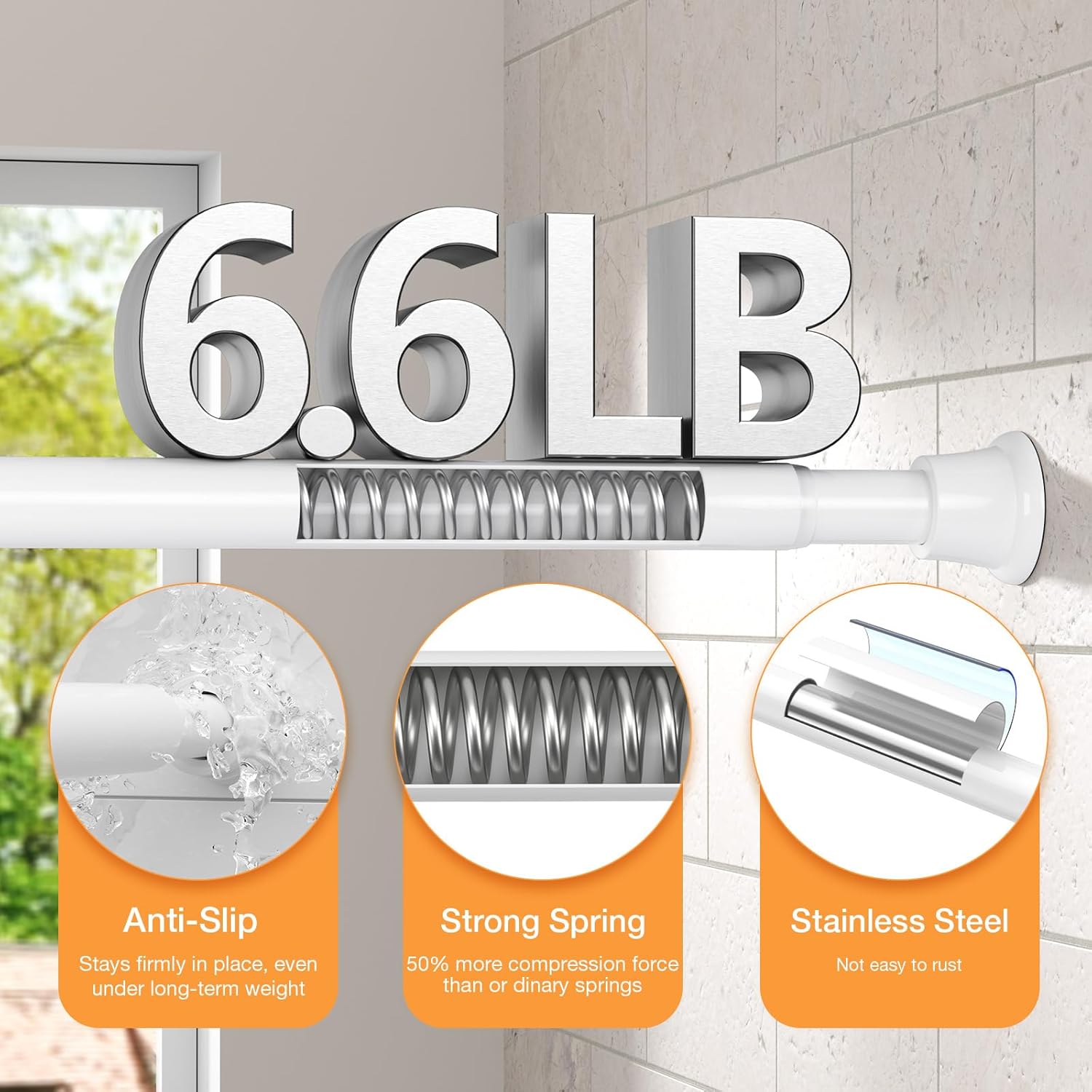 2 Pack Tension Curtain Rod 30-62 Inch White Shower Curtain Rods No Drilling Tension Rod for Windows Spring Adjustable Curtain Rods for Windows,Doorway,Bathroom,Closet,7/8" Diameter