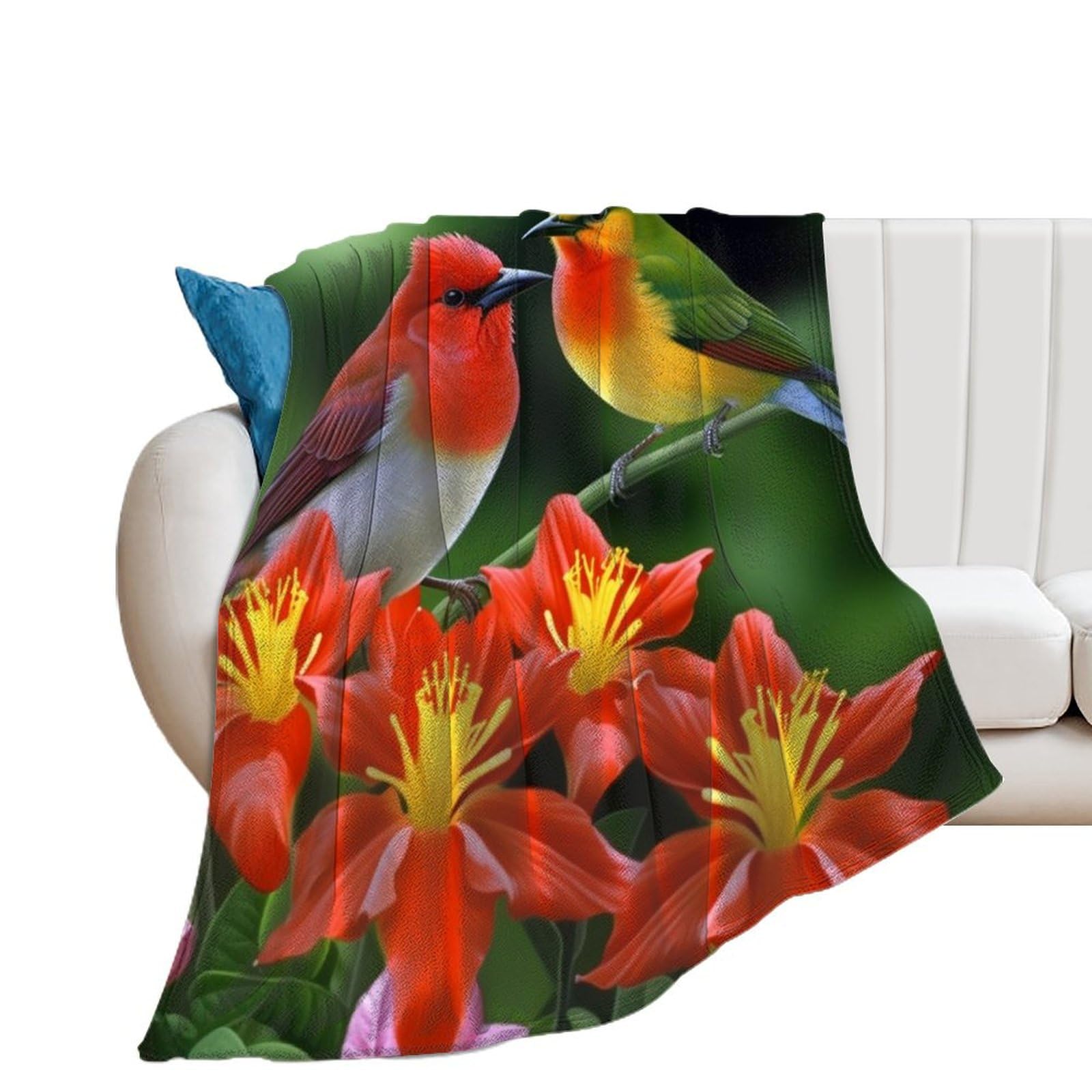 Couverture en flanelle anti-froid plaid doux oiseaux et fleurs lit canapé