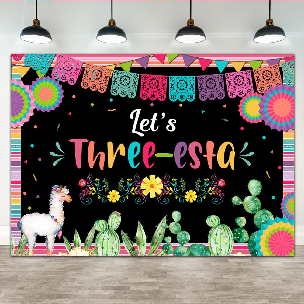 Lofaris 7x5ft Mexican Third Birthday Backdrop Fiesta Three-Esta Happy Birthday Party Decoration for Girl's Photography Background Mexican Fiesta