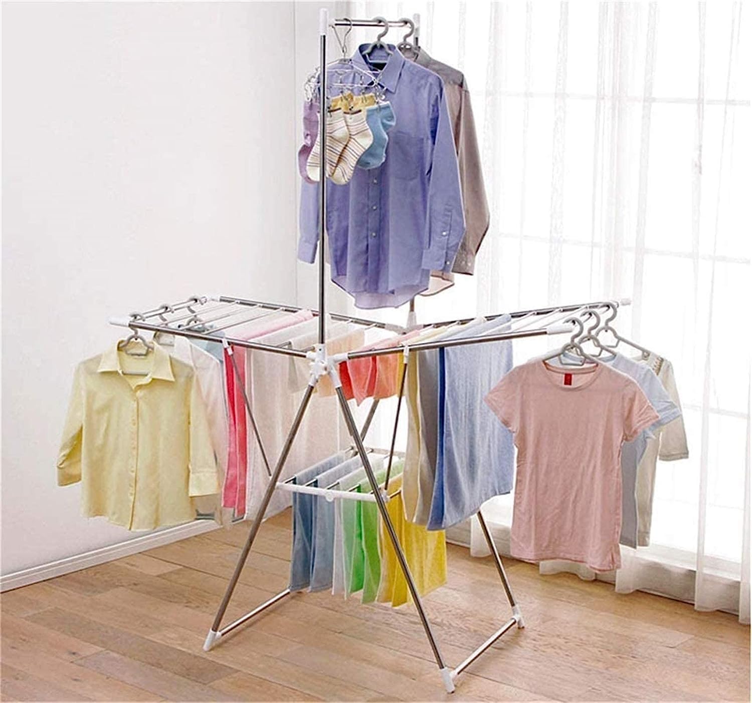Zusammenklappbarer Wäscheständer Dreifach rollender Wäscheständer, Hängeständer, zusammenklappbarer Flügel-Wäscheständer, vertikaler Wäscheständer for den Innen- und Außenbereich, Edelstahl-Hängestang
