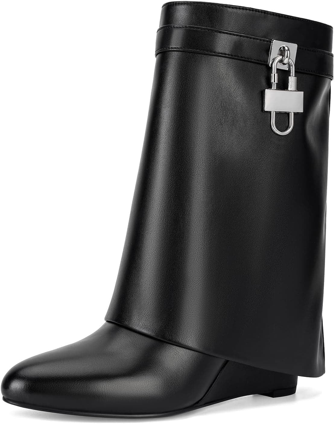 Women Fold Over Wide Mid-calf Boots Platform Wedge Heel Round Toe Faux Leather Pull On Shark Booties with Padlock Short Boots