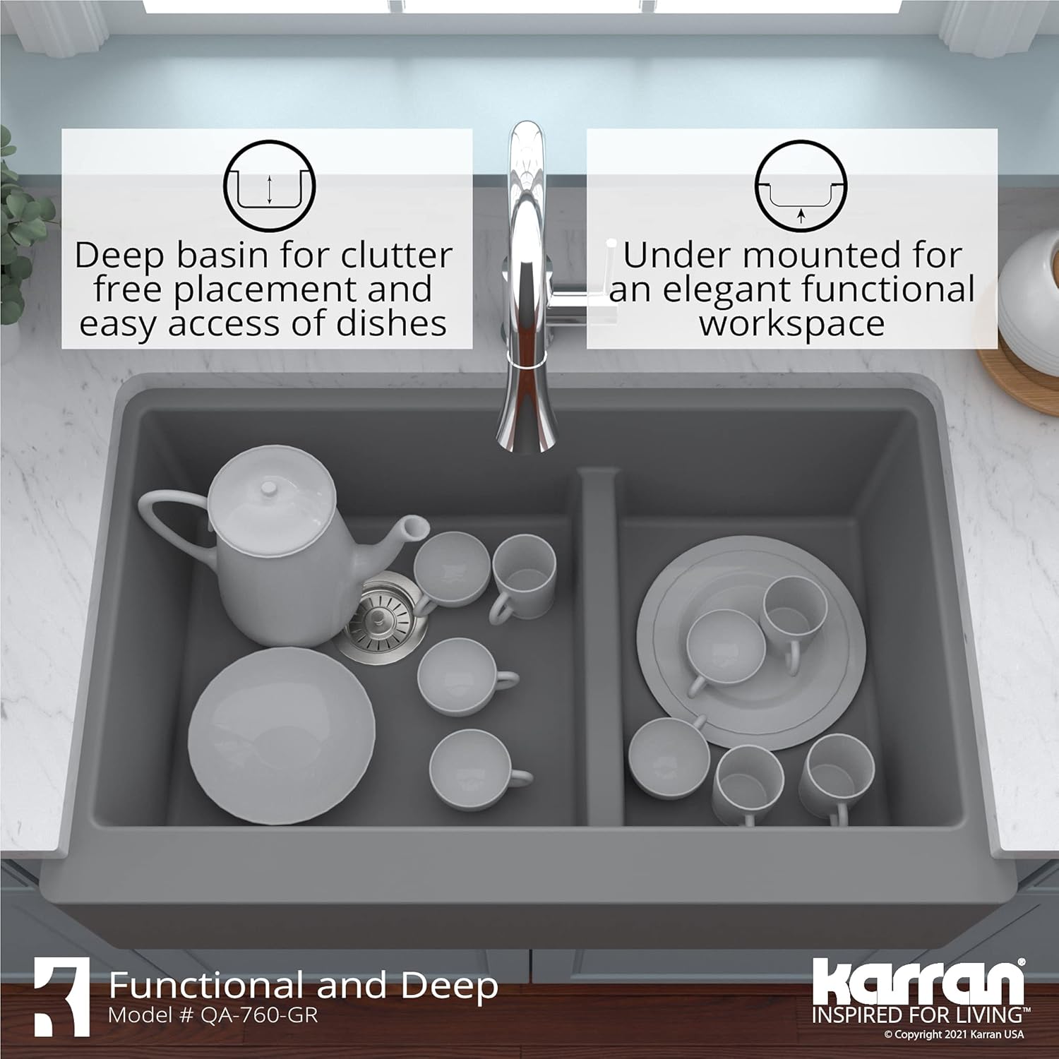 Karran QA-760 34" Undermount Large/Small Bowl Quartz Farmhouse Kitchen Sink Kit in Grey