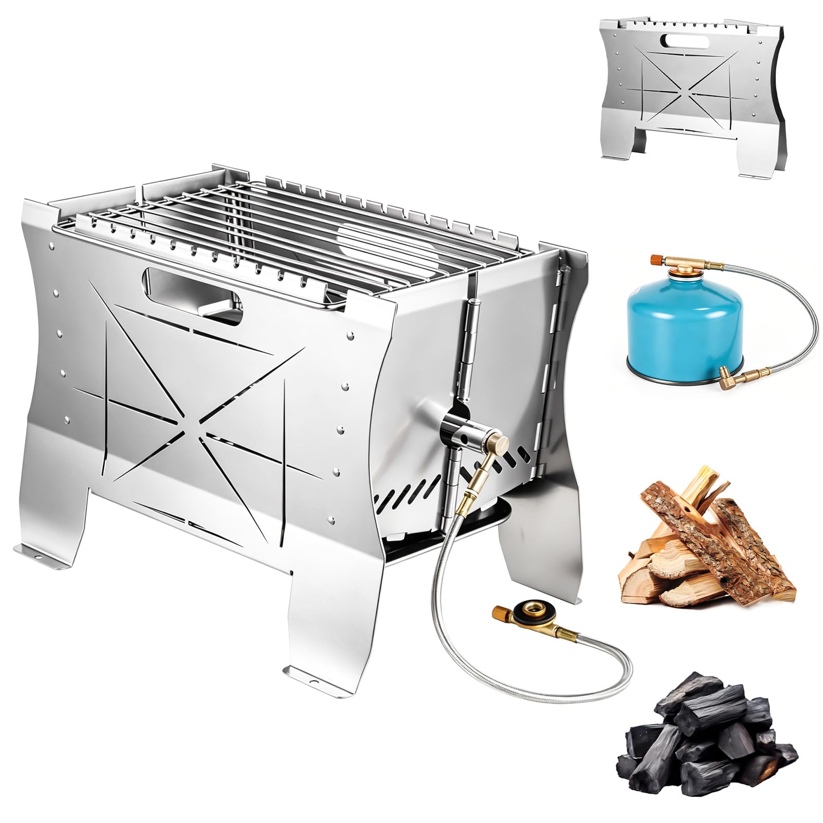 Grill Gas - 26.5×21×38cm Mobiler Gasgrill Klein, Tragbarer Edelstahl Campinggrill | Gas & Holzkohlebetrieb - Faltbarer Campingkocher Propangas-Grills mini für Camping, Balkon, Garten, Outdoor