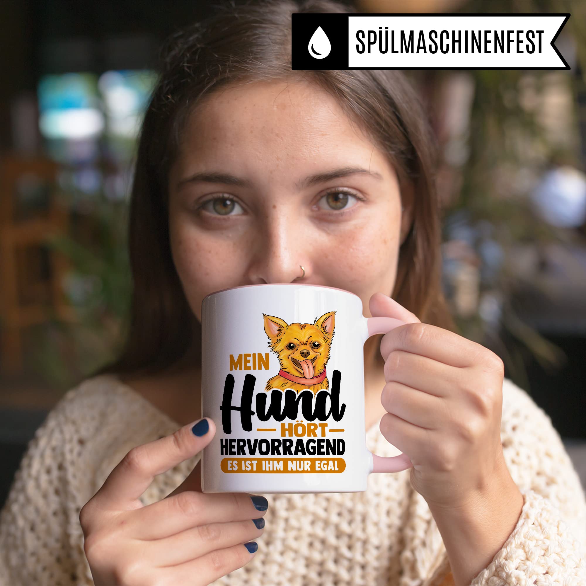 Tazza con scritta in lingua tedesca My Dog hört hervorragend es ist ihm nur egal Geschenk Hundhalter Becher Caffè Tazza da caffè con scritta divertente proprietario di cani (bianco