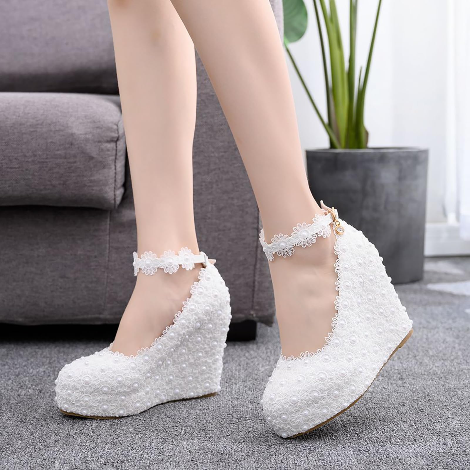 Zapatos de Boda de Encaje Blanco Zapatos de tacón de cuña Zapatos de Plataforma Zapatos de cuña de Punta Redonda Zapatos de tacón de cuña Zapatos de Novia,Blanca,37