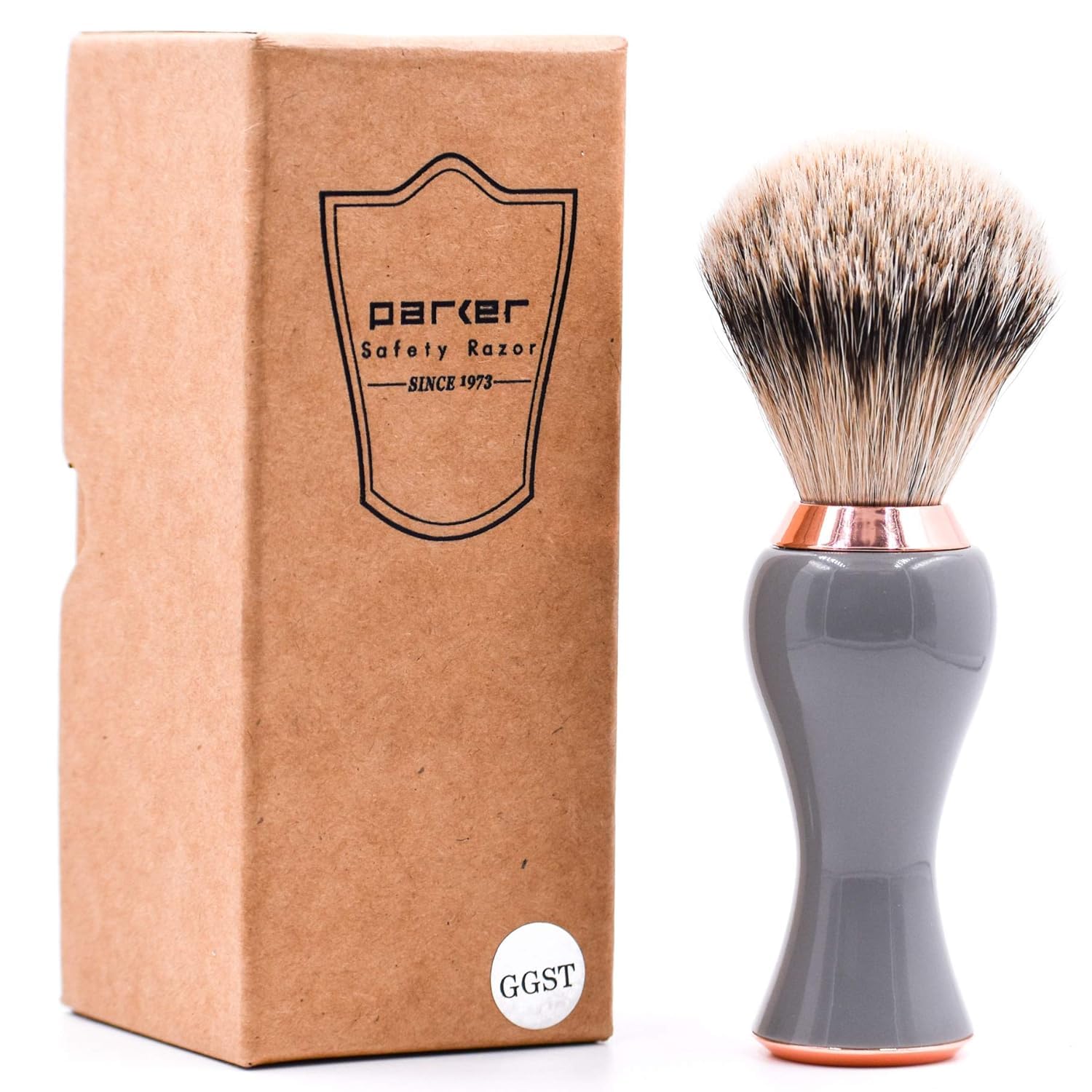 Parker Safety Razor Silvertip Badger Rasierpinsel mit Ständer – Extra dichte und extra weiche Borsten – Deluxe grauer und roségoldener Griff – Rasierpinsel für Herren und Damen
