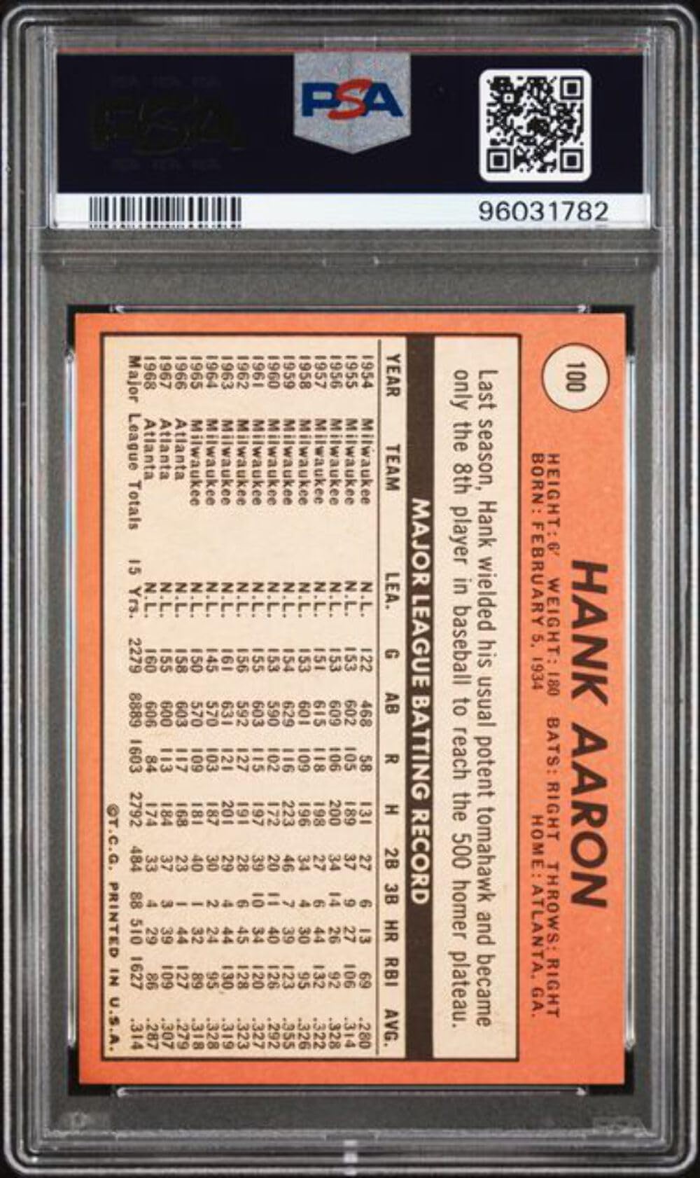 Graded 1969 Topps Hank Aaron #100 Baseball Card PSA 5 Excellent