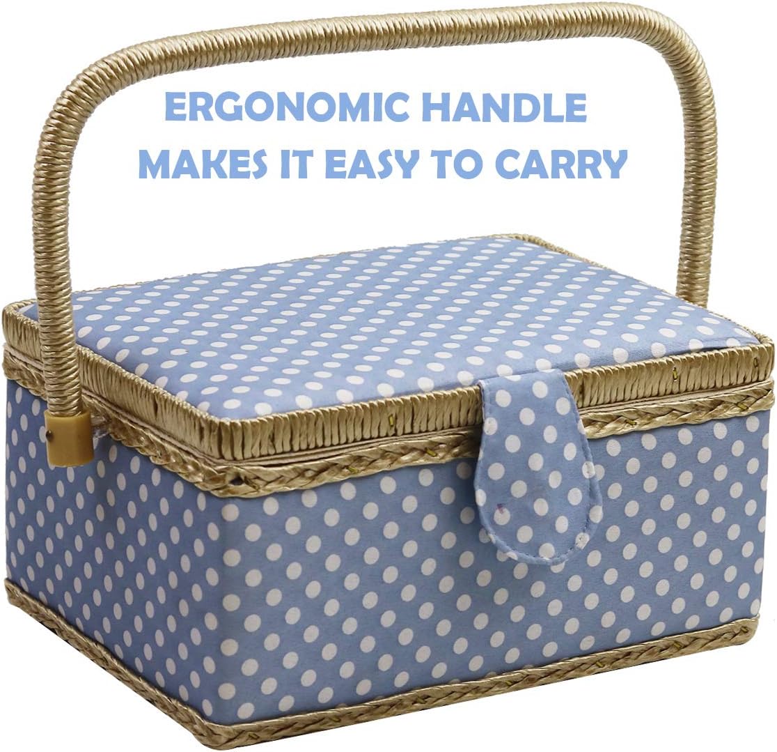 Sewing Box with Sewing Kit Accessories, D&D Wooden Sewing Basket Organizer with Accessories for Home, Travel, Blue Polka Dot