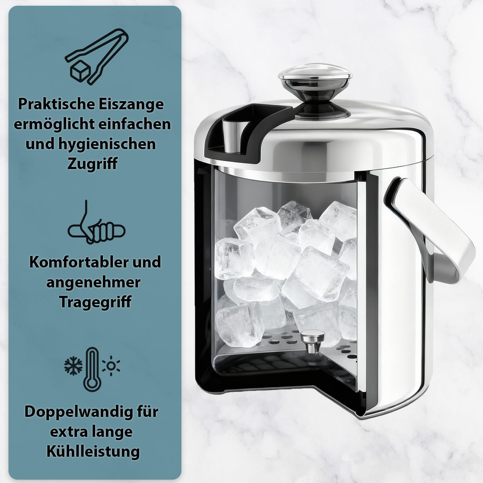 Montafox Edelstahl Eiswürfelbehälter 1,3 Liter Doppelwandig Eiswürfelkühler 100% BPA frei Eiseimer Eiswürfel Aufbewahrung Eiskübel Isoliert