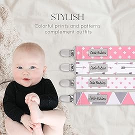 Dodo Babies Pacifier Clip & Teether Toy Set - Four Clips Plus Two Silicone Teether Toys - Universal Holder Fits Most Paci Brands - Fun Pink and Gray Prints for Girls or Boys