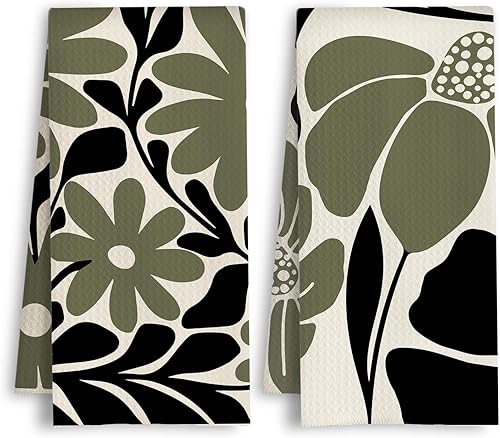 Miniatura 9 de Toallas de cocina con diseño floral de margaritas, estilo retro de los años 70, color marrón y verde, toalla de mano rústica estilo botánico