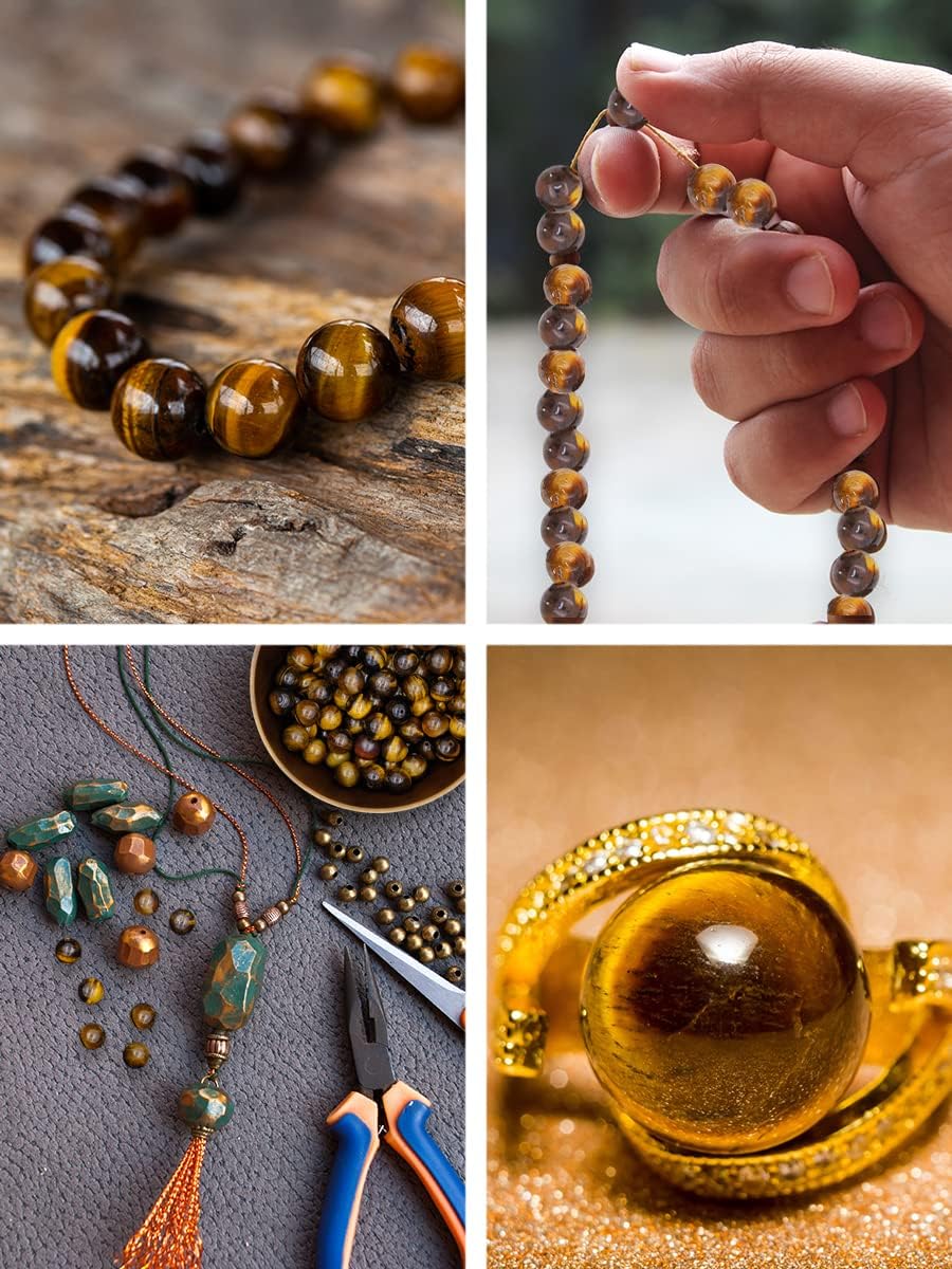 Mandala Crafts Round Natural Tiger Eye Beads for Jewelry Making - Loose Yellow Tigers Eye Stone - 4mm 6mm 8mm 10mm 12mm Tiger Eye Gemstone for Bracelet Necklace Beading 250 PCs