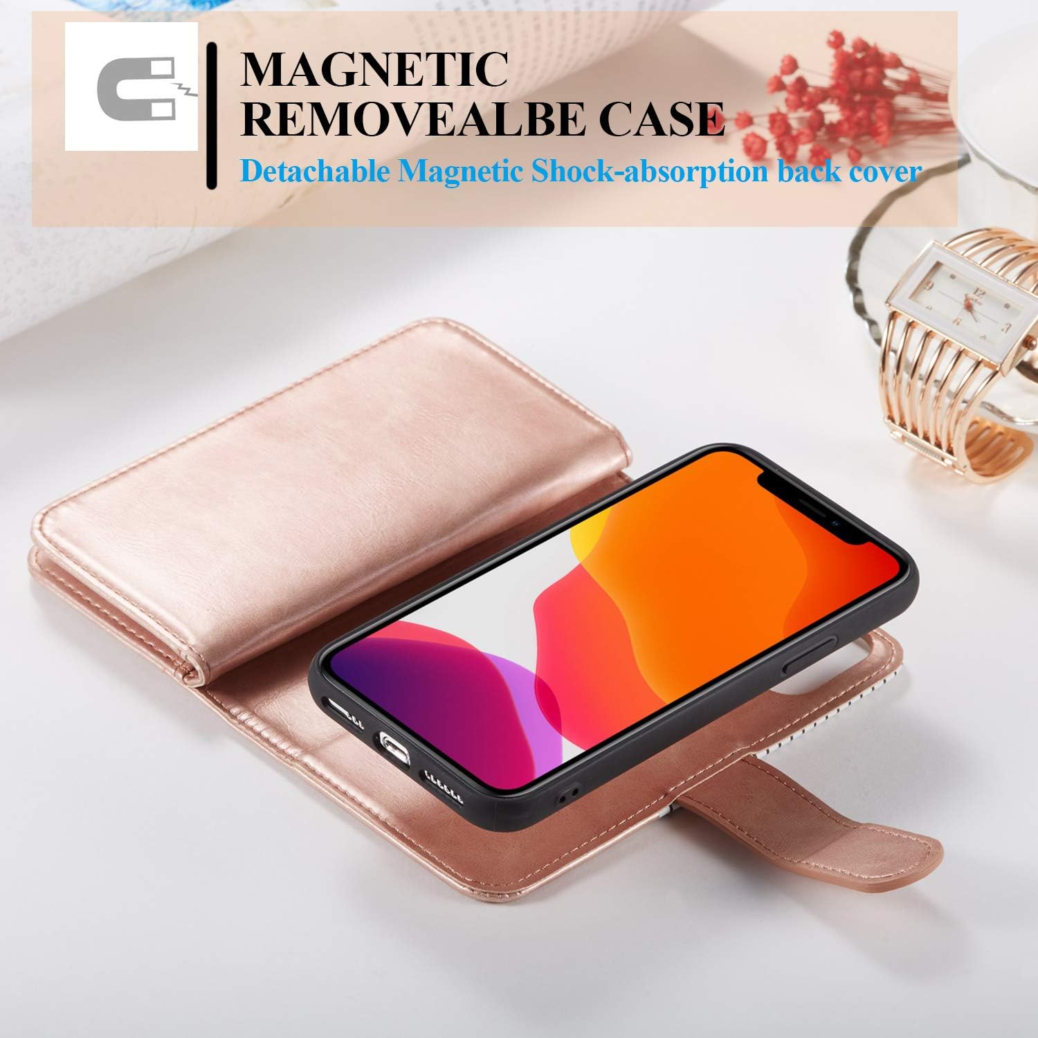 XRPow iPhone 11 Pro Max Wallet Case, iPhone 11 Pro Max Case, 6.5Inch [2 in 1] Magnetic Detachable Wallet Case [PU Leather] Folio Flip [9 Card Slot] [Wrist Strap] Durable Protection Back Cover (Gold)
