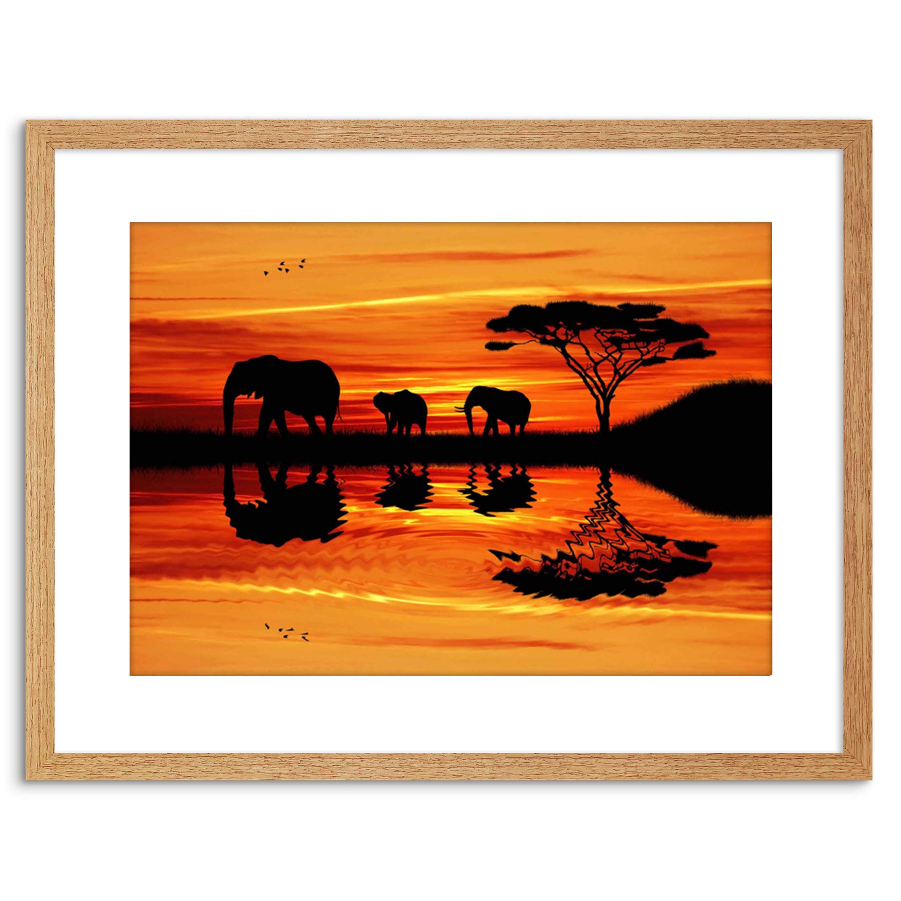 Wee Blue Coo Photo African Elephant Silhouette Sunset Framed Wall Art Print