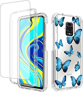 Case for Redmi Note 9 Pro/Note 9 Pro Max/Note 9S/M2 Pro Case with Tempered Glass Screen Protector, Soft 360 Full Body Crystal Clear Case Cover for Xiaomi Redmi Note 9S Blue Butterfly