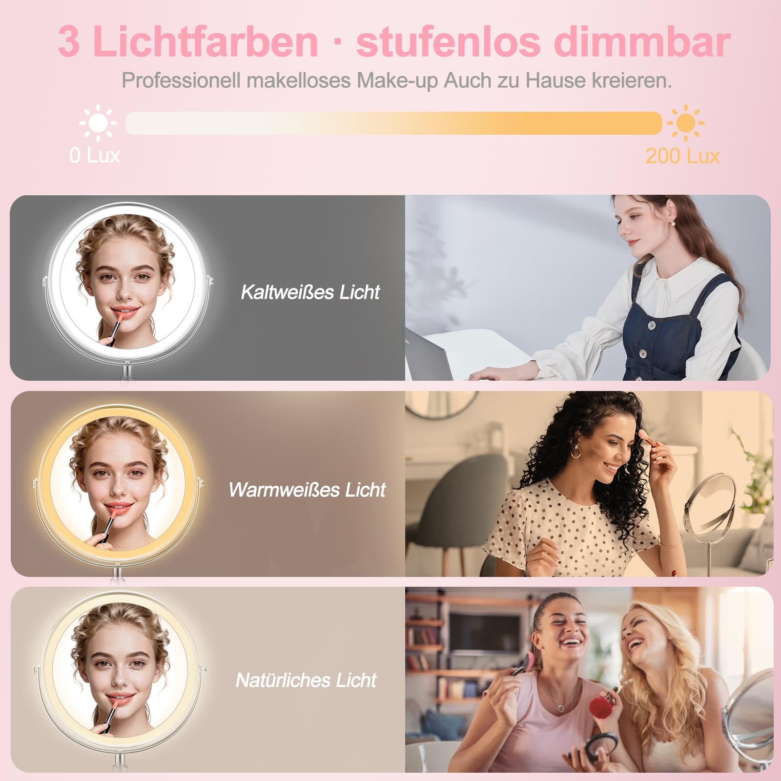 AIMAX 10X/1X Wiederaufladbarer Kosmetikspiegel mit Beleuchtung, 38-48 cm Höhenverstellbarer 8 Zoll Schminkspiegel, 3 Lichtfarben&Helligkeit Dimmbar, 360° drehbarer Doppelseitiger Tischspiegel