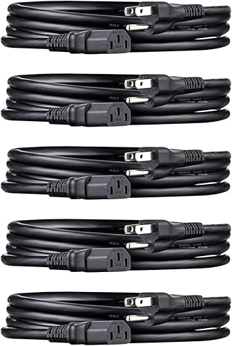 Amazon Basics, Cable de alimentación para PC, 6 pies, paquete de 5, cable de alimentación AC para monitor, computadora, TV, 3 clavijas, 18 AWG, 125