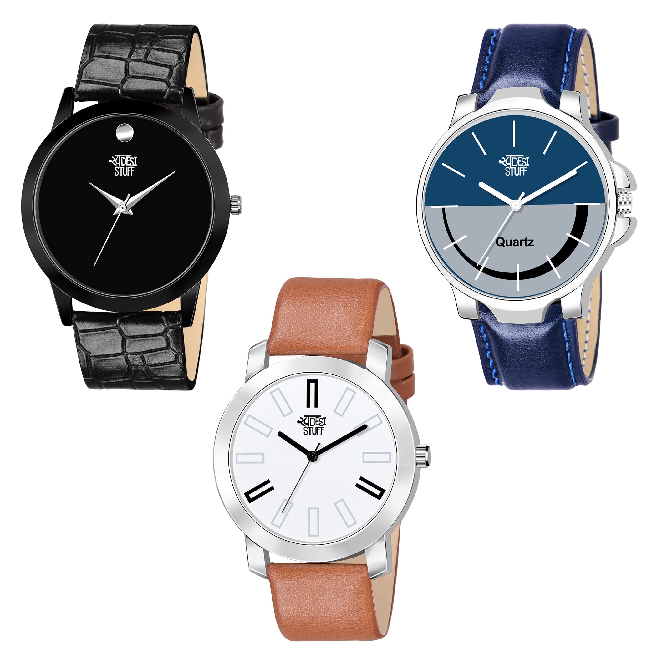 Leather Analogue Men Watch (Set of 3) (Multicolored Dial Multicolored Colored Strap), Black Band, BLACK BROWN BLUE, Classic