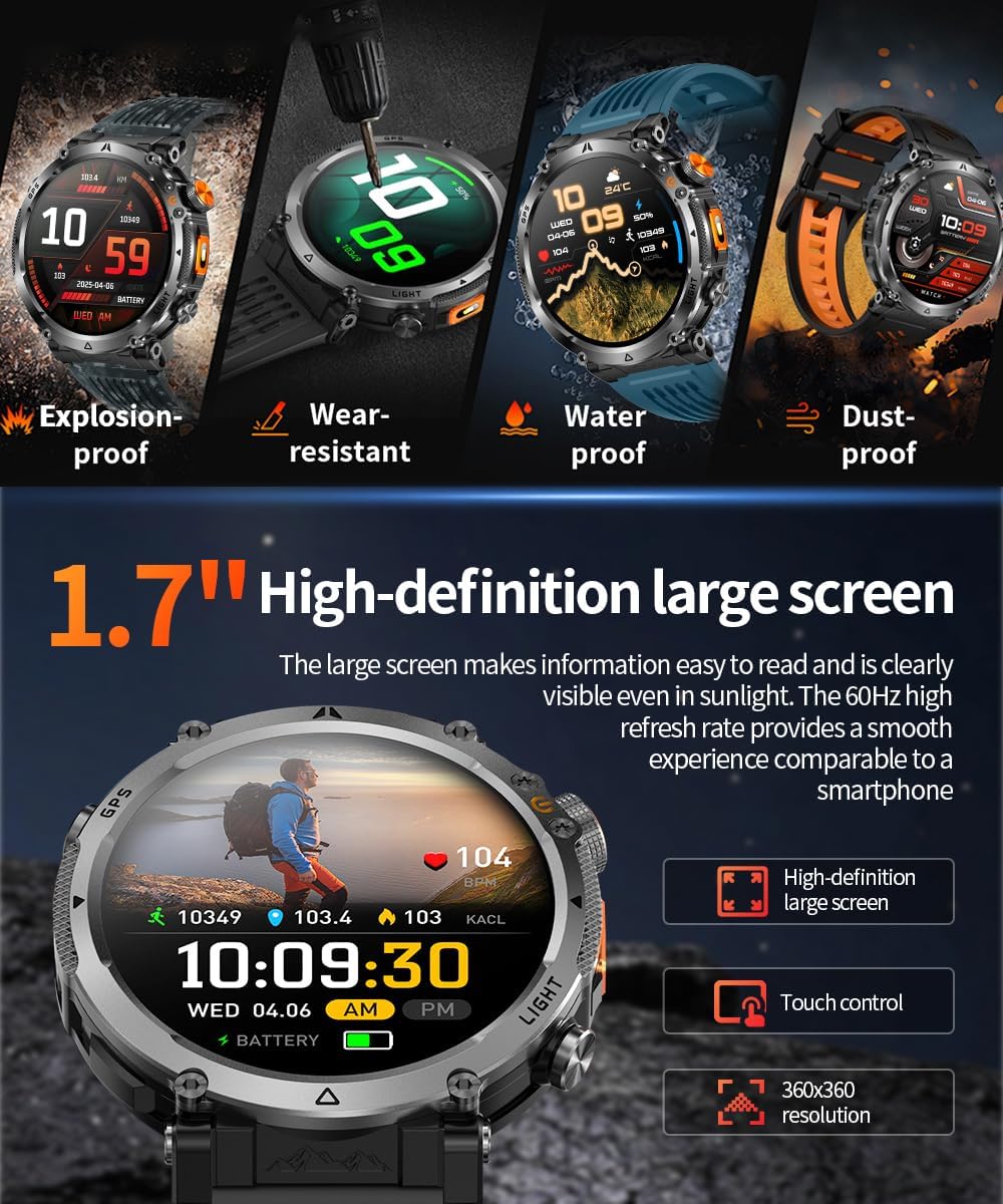 Military Smart Watch for Men, 1.7" HD Rugged Smartwatch with GPS, Bluetooth Call, 100+ Sports Modes, Heart Rate Blood Pressure Sleep Monitor, IP68 Waterproof Fitness Tracker (Black Band) image 2