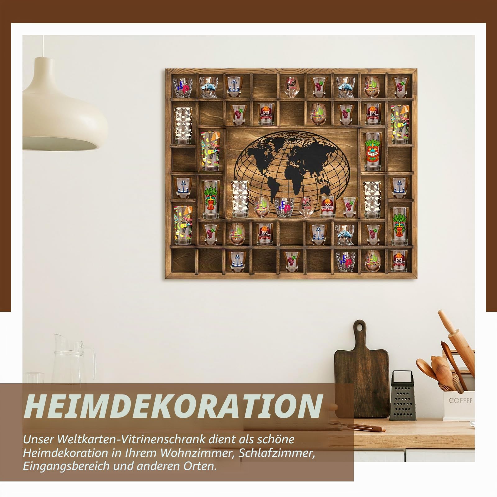 GlikCeil Große Weltkarte mit 44 Fächern, Schnapsglas-Vitrine, 71,1 x 58,9 cm, rustikaler Holz-Schnapsglashalter für 2 Größen, Weinglas, Bar, Regal, Organizer, Wandhalterung, Aufbewahrung,