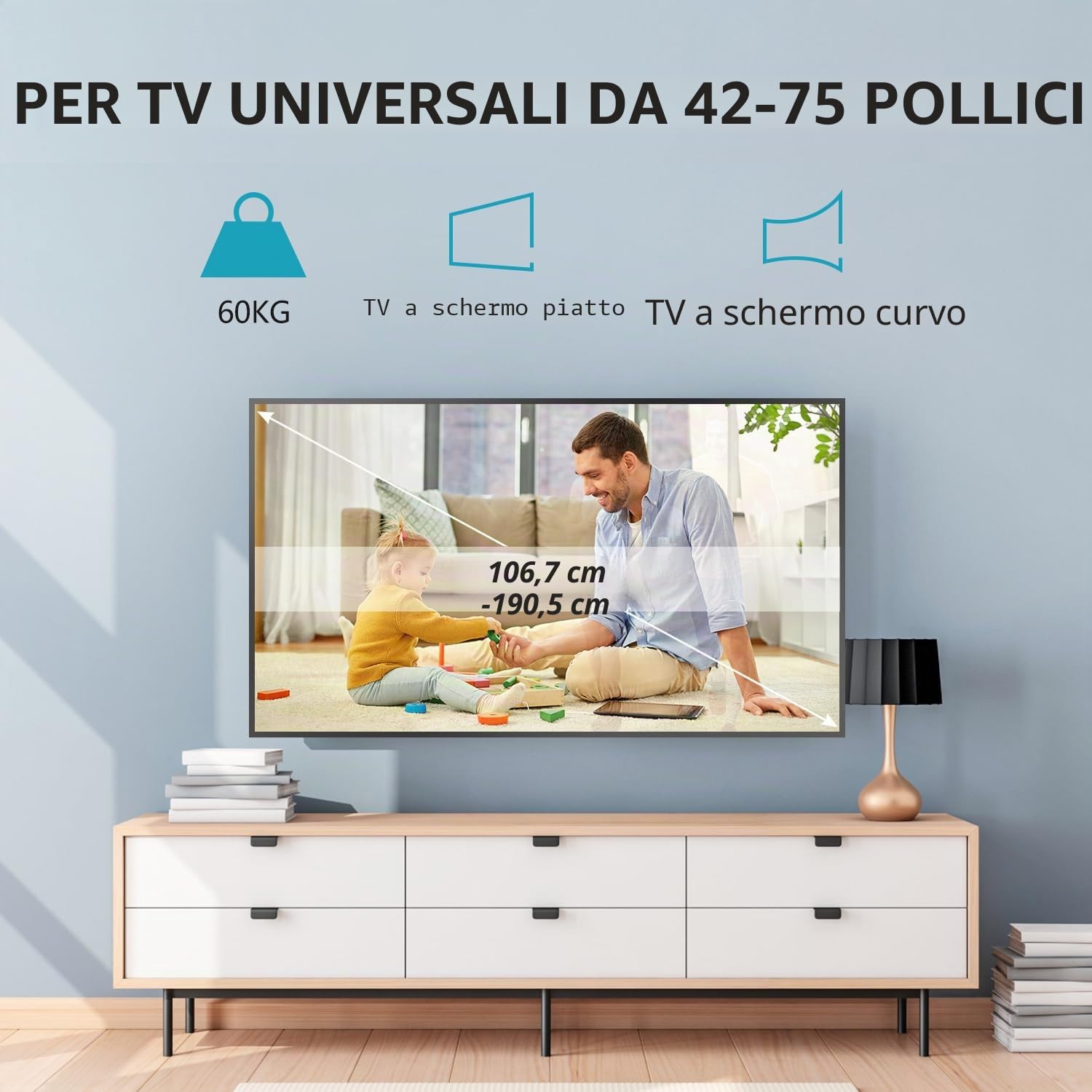 XINLEI Supporto TV Fisso a Parete Ultra Sottile, per Schermi 42-75 Pollici Piatta/Curvi fino a 60 kg, VESA Max 600×400 mm, MFA6