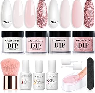 AZUREBEAUTY Dip Powder Nail Kit Starter, Nude Pink Glitter Neutral Skin Transparent, 4 Colors Dipping Powder Set All Seasons, French Nail Art Base Top Coat Activator Essential Liquid Manicure DIY Salon 12 PCS