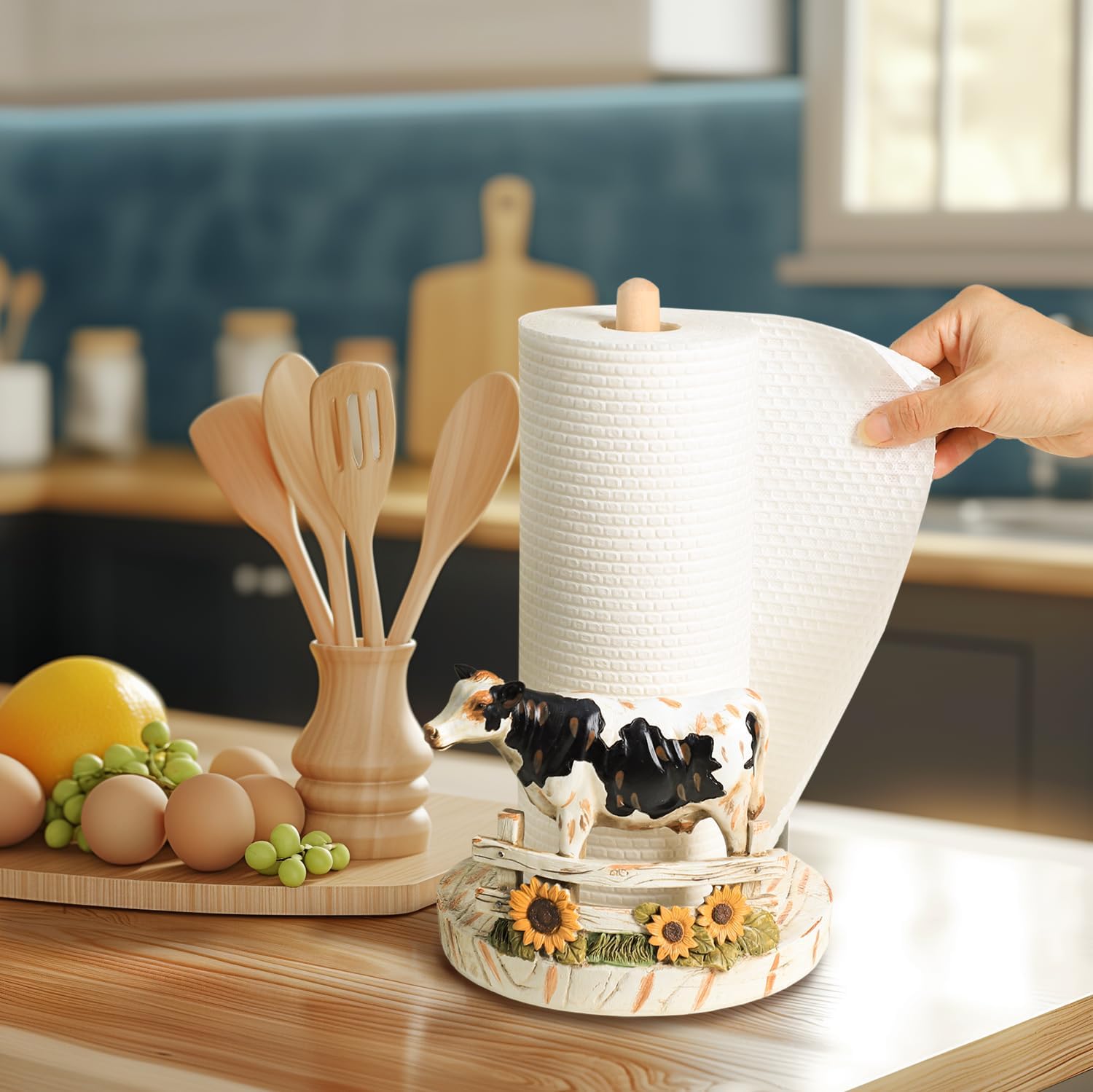 Retro Cow and Sunflower Style Paper Towel Holder Stand, Resin Cow Crafts Display for Kitchen Countertop, Cafe Western Restaurant Cake Shop Dessert Shop