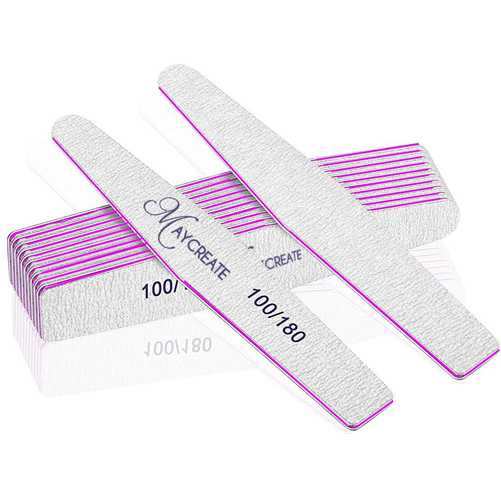 MAYCREATE® 10PCS Nail Files, Professional Nail Filer and Buffer, Curved Fingernail Files, 100/180 Grit with 240 Grit for Smooth Finishing, Sponge and PP Board for Home and Salon Use (Pink)