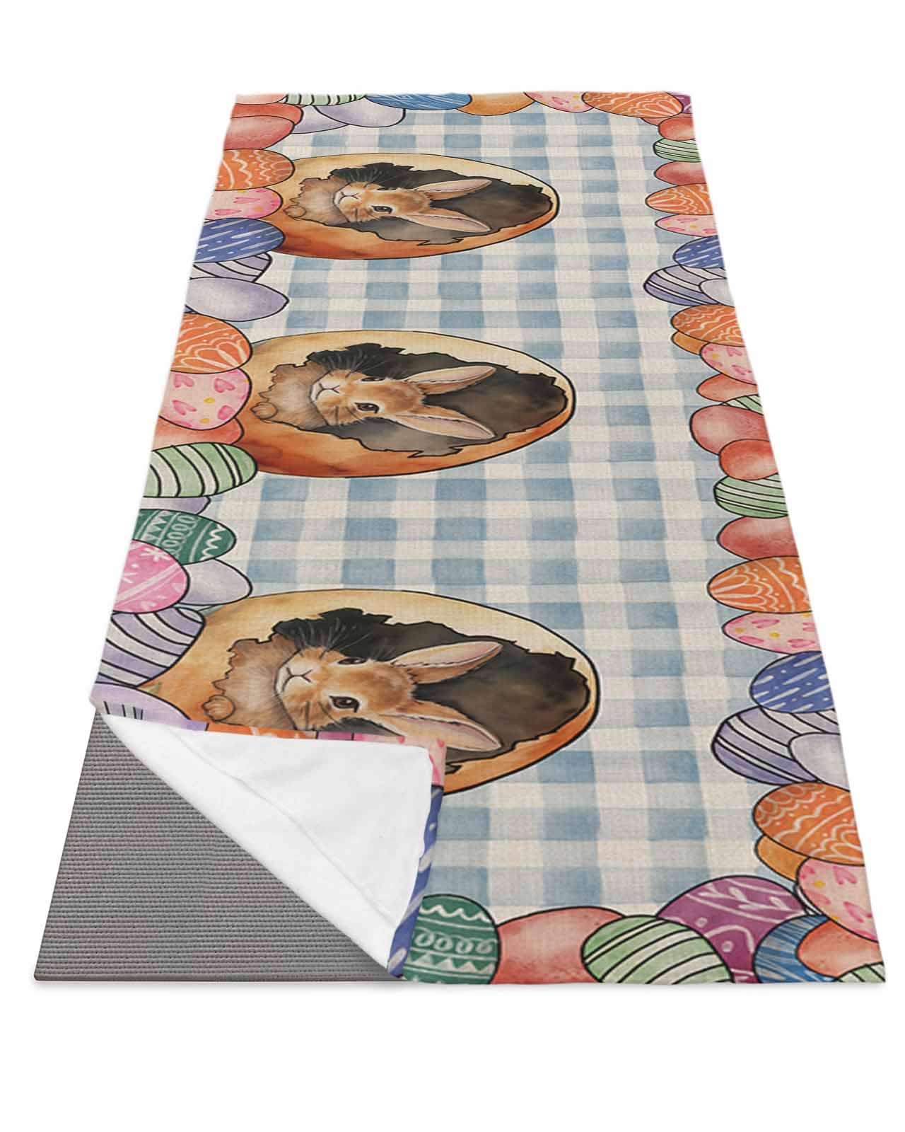 BOSIJOY Yoga Mat Towel,Spring Easter Cute Bunny Colorful Eggs Non Slip Sweat Absorbent Hot Yoga Towels with Corner Pockets,Blue White Buffalo Check Soft Microfiber Towel for Pilates Bikram 74