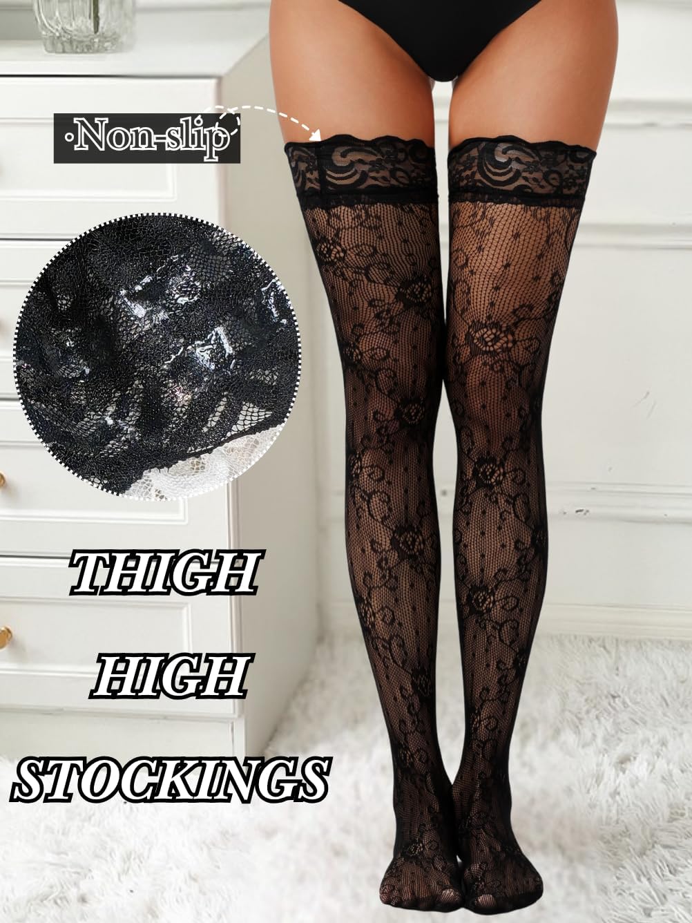 Floral Lace Thigh Highs,Patterned Stockings For Women Sexy,Goth Fishnets Costume Concert Date Night Size 0-10 - Image 2