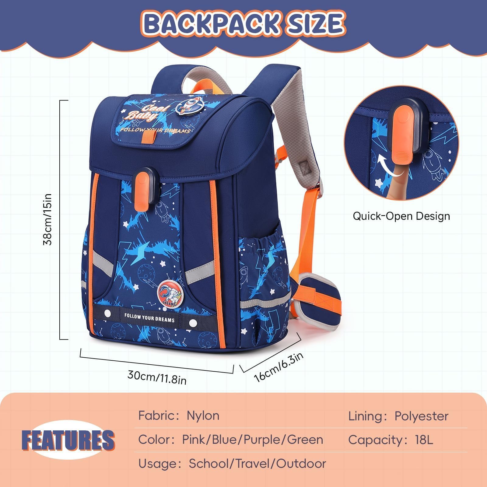 Amythe Schulrucksack Jungen Ergonomisch 1-4. Klasse mit Brustgurt,Blau | Kinderrucksack Schule 6-10 Jahre Schulranzen mit Abnehmbarer Gürtel und Reflektierend 24L, Blau